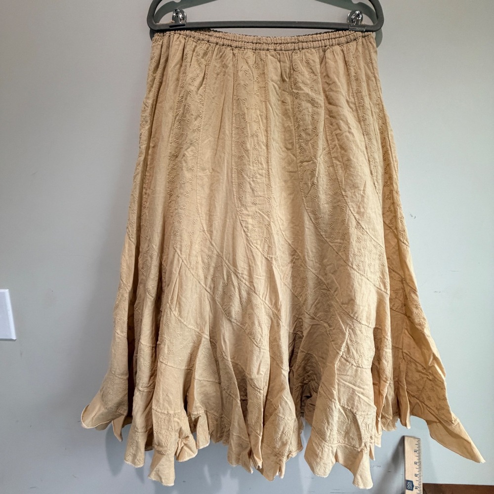 VTG Tiered Maxi Skirt Women L Tan Embroidered Cotton Fairy Cottagecore Granny